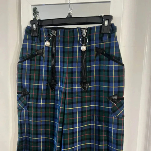 973 Opening Ceremony Plaid High Waisted Pearl Pants Size 0 Color Green Blue - Picture 2 of 4